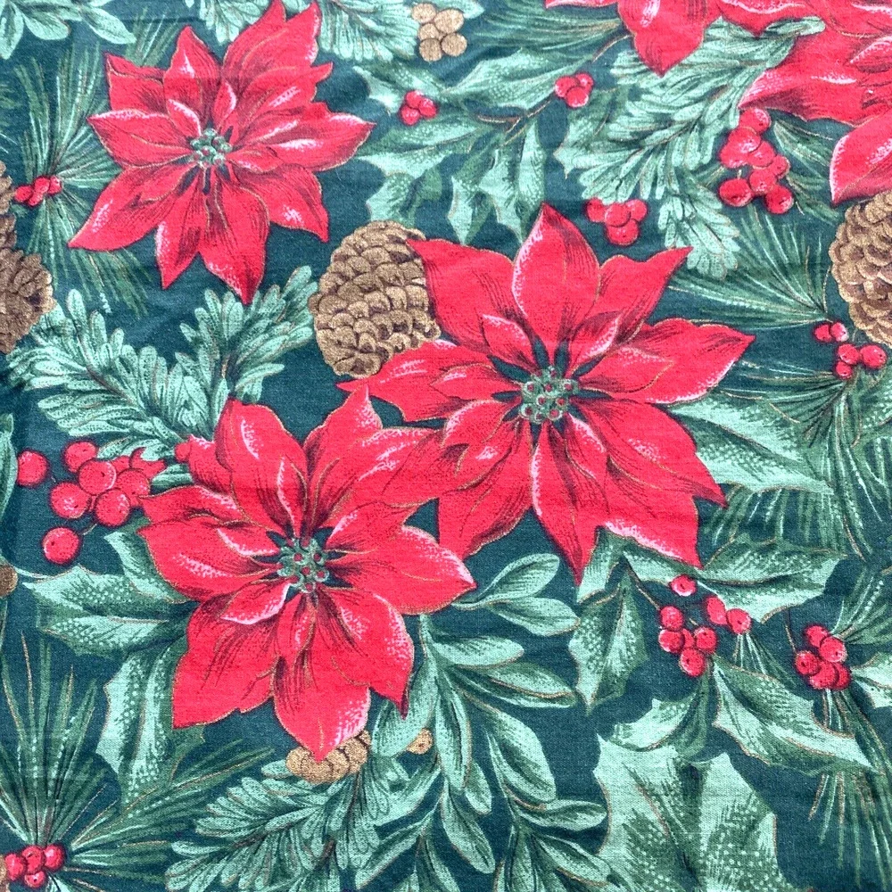 Vintage Christmas tablecloth red green brown poinsettias holly leaves pinecones